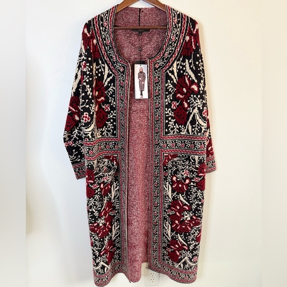 Maxsport Sweaters - MaxSport Heavy Knit Tapestry Duster Coat Floral Black Red NWT Large